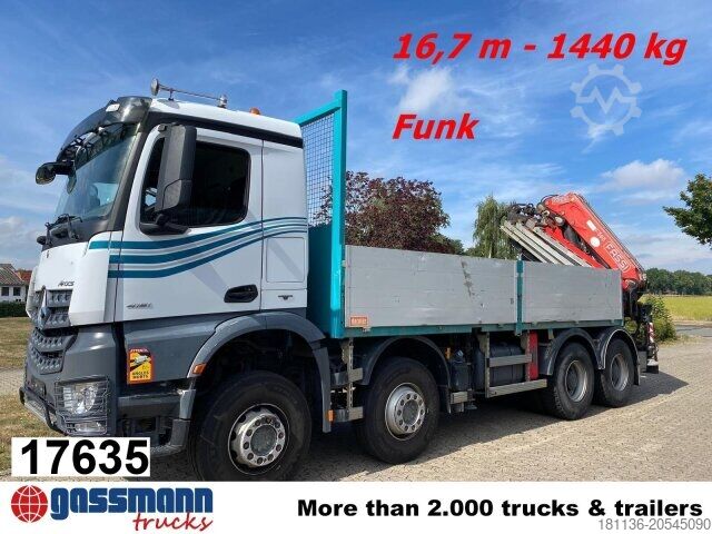 Flatbed truck Mercedes-Benz Arocs 4151 K 8x4, Fassi Heckkran F 365 RA. 2.26 E