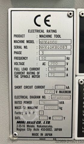 Horizontal machining Center MORI SEIKI NHX 4000