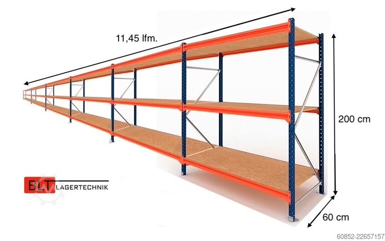 Wide span storage rack ca. 11,46 lfm. Weitspannregale H: 200 cm T: 60 cm , 400 kg Fachlast , 3 Ebenen