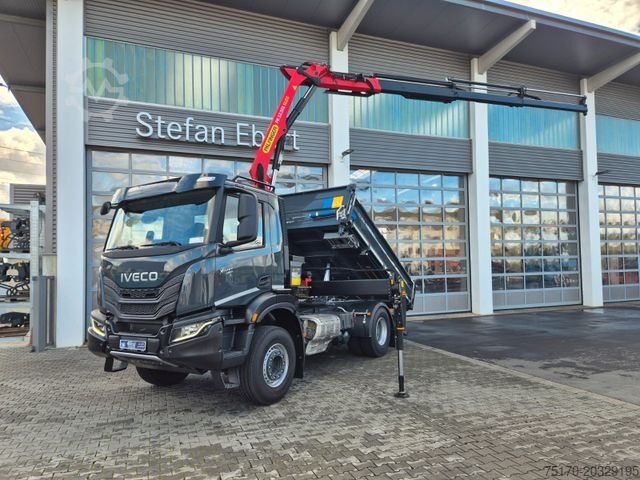 Three-sided tipper truck IVECO AD200X46/P HR OFF Palfinger PK 12.501 Funk AHK