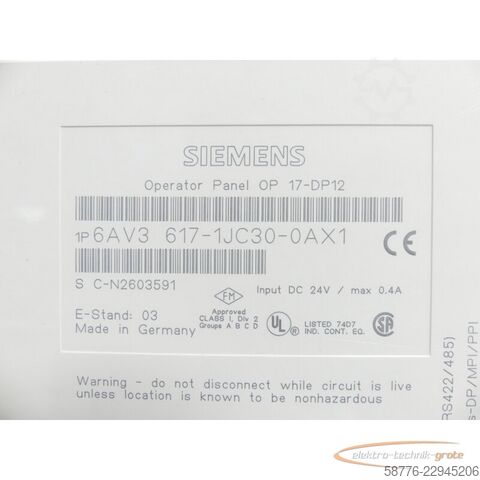 Component Siemens 6AV3617-1JC30-0AX1 OP17-DP12 SNCN2603591 generalüberh.+ 3 Mon. Gewährl.