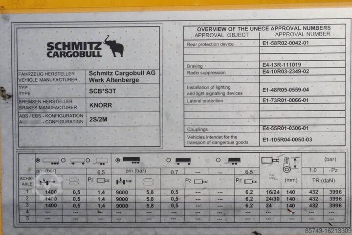 Curtain sided Schmitz Cargobull SCB3ST CoC Documents, TuV Loading Certif