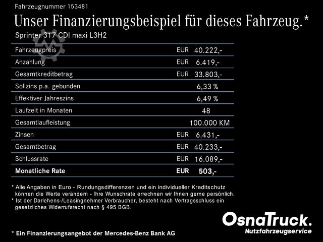 Kastenwagen Mercedes-Benz Sprinter 317 CDI maxi L3H2 Klima, Navi, KameraPro