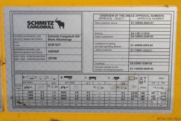Curtain sided Schmitz Cargobull SCB3ST CoC Documents, TuV Loading Certif