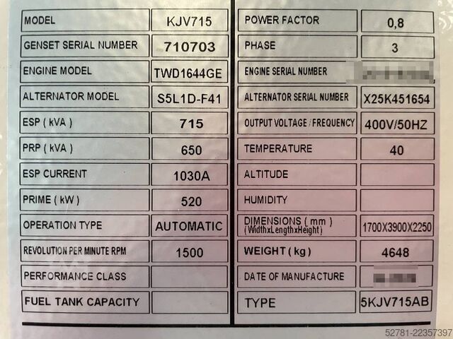 Generator set Volvo TWD1644GE - 715 kVA Generator - DPX-18884.1-O
