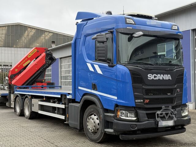 Flatbed truck SCANIA R500 6x4 Pritsche mit Kran Palfinger PK53002 SH
