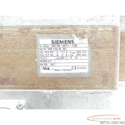 Siemens motor Siemens 1FK7100-5AF71-1TG0 SN:YFT633774409002 generalüberholt mit 12 Monaten Gewährleistung