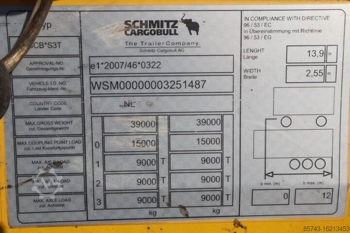 Curtain sided Schmitz Cargobull SCB3ST CoC Documents, TuV Loading Certif