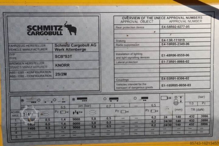 Curtain sided Schmitz Cargobull SCB3ST CoC Documents, TuV Loading Certif