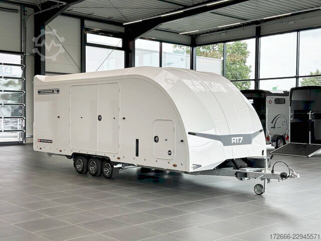 Car carrier van Brian James Trailers RACE TRANSPORTER 7 | 397-6023-35-3-10-W | TRIDEM | ZUSATZRAMPEN 600X235X199CM 3500KG GESCHLOSSENER AUTOTRAILER | WEISS