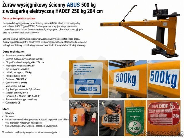 ABUS 500 kg 204 cm with HADEF 250 kg electric winch ABUS 500 kg 204 cm z wciągarką elektryczną HADEF 250 kg