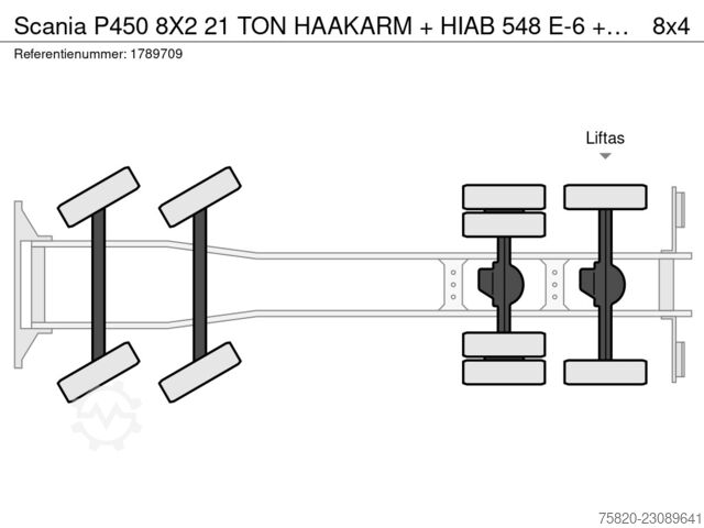 Scania P450 8X2 21 TON HAAKARM + HIAB 548 E-6 + JIB 150X-6 KRAAN/KRAN/CRANE/GRUA Scania P450 8X2 21 TON HAAKARM + HIAB 548 E-6 + JIB 15...