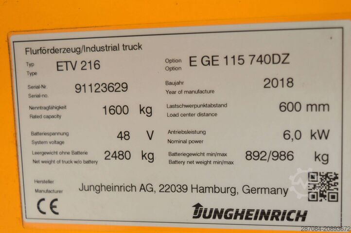 Niederhubwagen Jungheinrich ETV 216 Batterie Bj2023