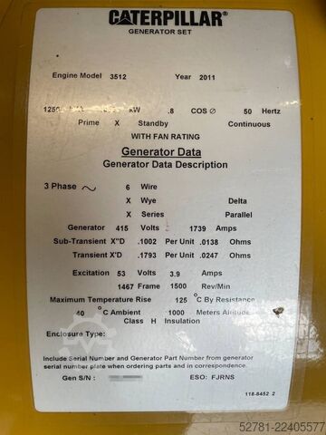Generator set CAT 3512 - 1250 kVA Used Generator - DPX-12662