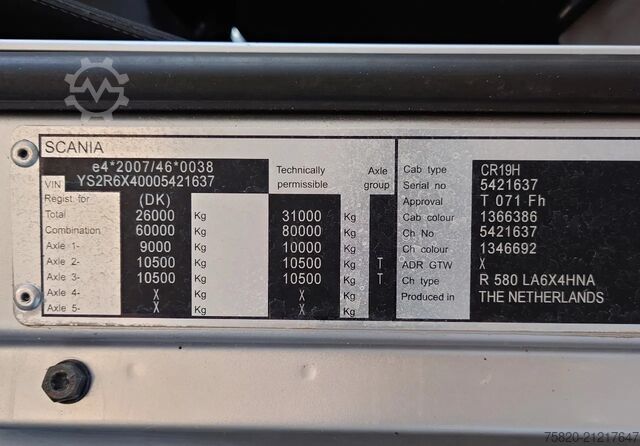Crane truck Scania R580 V8 6X4 TREKKER/TRACTOR/SZM MET EFFER 315/6...