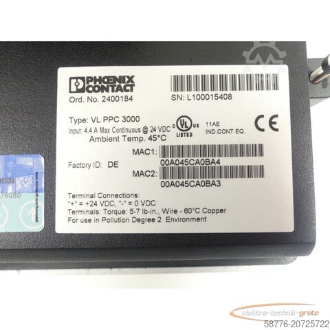 Component Phoenix Contact VL PPC 3000 Industrie-Panel-PC 2400184 SN:L100015408