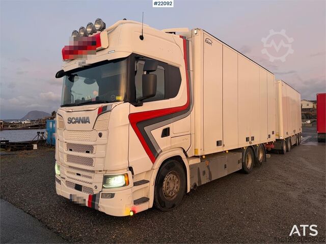 Box body Scania S650 6x2 box truck w/ Ekeri 4 axle box trailer w/