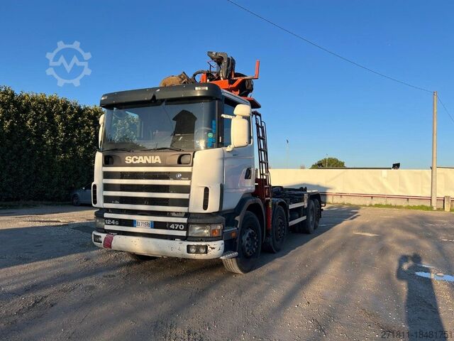 Roll-off tipper truck SCANIA SCANIA CV R124 SCARRABILE CON GRU E POLIPO