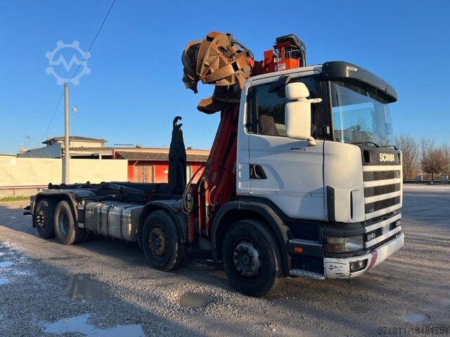 Roll-off tipper truck SCANIA SCANIA CV R124 SCARRABILE CON GRU E POLIPO