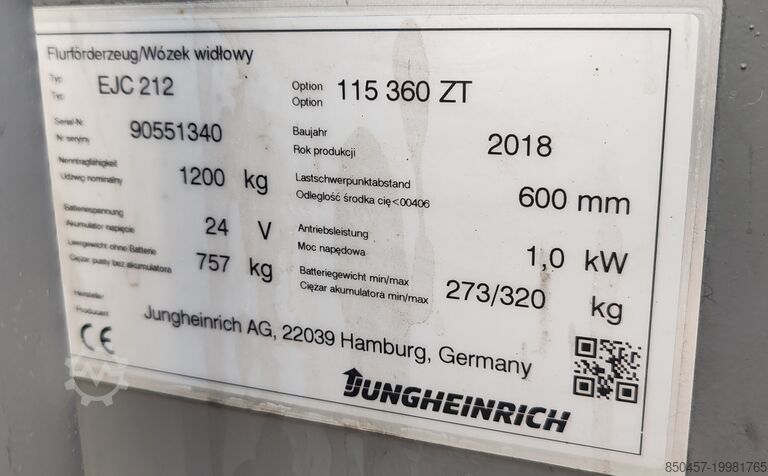 Pallet Stackers Jungheinrich EJC212 3.6m/ 2018yy/ 1574mh