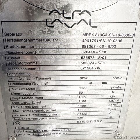 Disc separator Alfa Laval MRPX 810