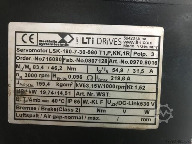 Synchron-Servomotor mit Haltebremse und Getriebe, ; Getriebemotor, Elektromotor, Winkelgetriebemotor LUST LTI DRIVES LSK-190-7-30-560 T1,P,KK,1R
