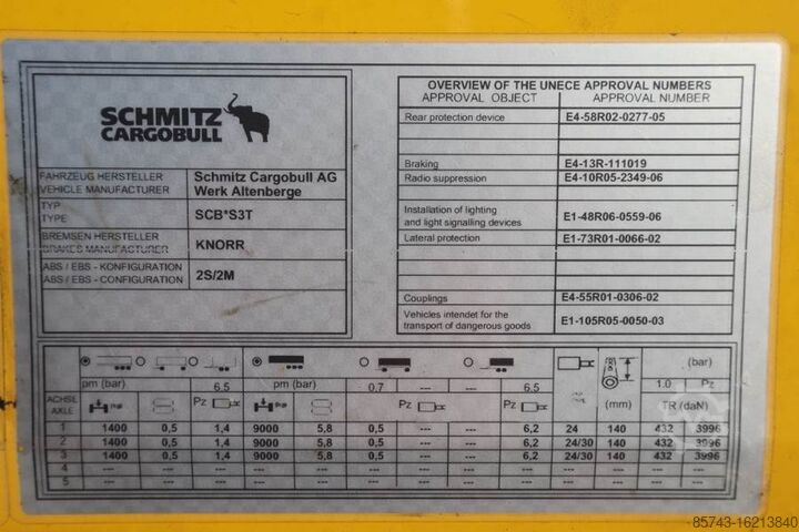 Curtain sided Schmitz Cargobull SCB3ST CoC Documents, TuV Loading Certif