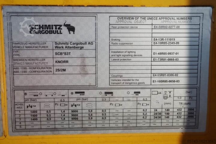 Curtain sided Schmitz CARG SCB3ST CoC Documents, TuV Loading Certificate