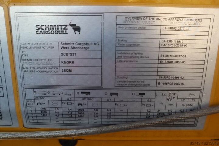 Curtain sided Schmitz Cargobull SCB3ST CoC Documents, TuV Loading Certif