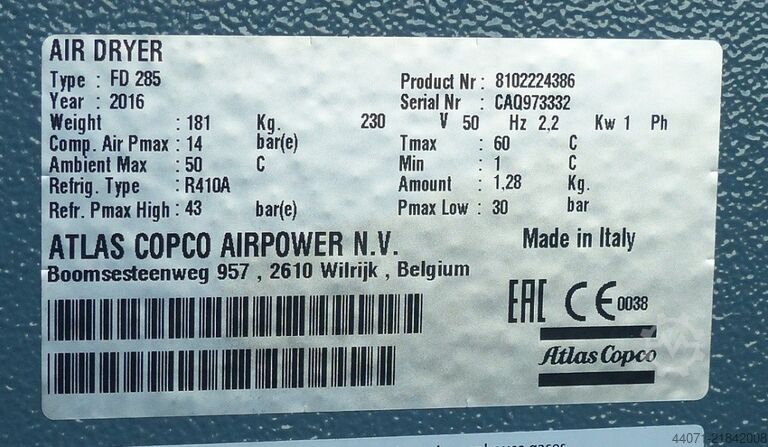Compressed air refrigeration dryer FD285 Atlas Copco FD285