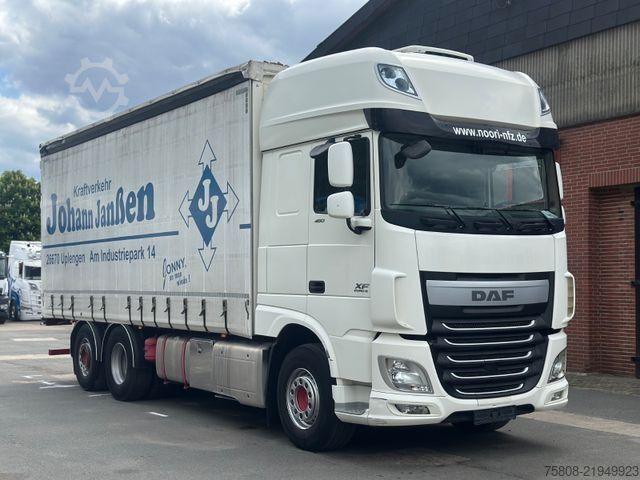 Flatbed truck with tarp DAF XF460 6x2 Plane Retarder Stapler Lenk Edscha
