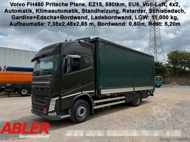 Flatbed truck with tarp VOLVO FH460 Pritsche Plane LBW Retarder Klima