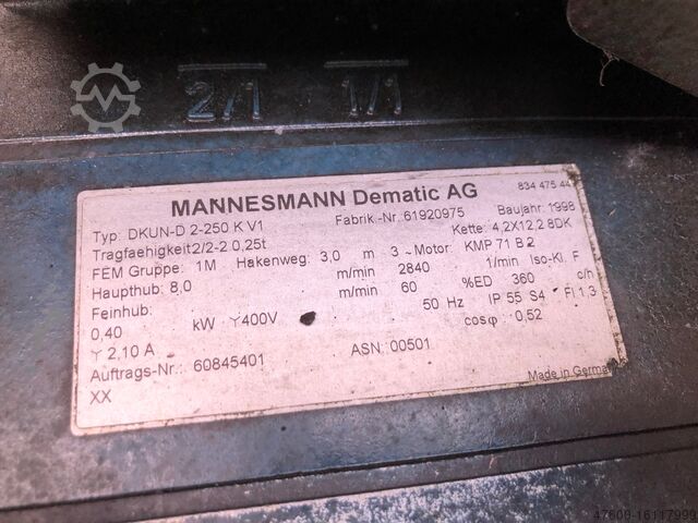 Kettenzug Hubwerk Kran Hallenkran 10x Demag DK 250KG 2x 125KG Doppelkette DKUN-D 2-250 K V1 - 400V - HUB 3m
