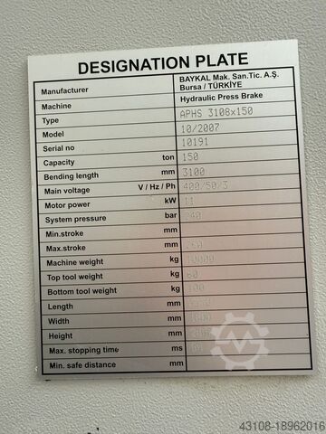 Abkantpresse Baykal APHS3108x150