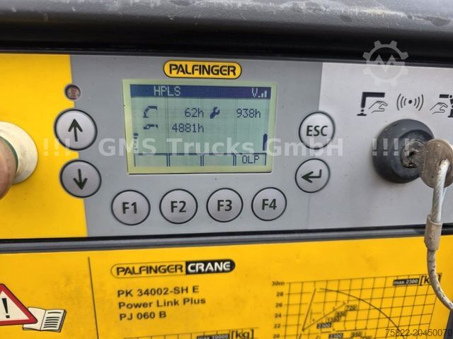 Flatbed truck with tarp MAN TGS / NUR149km / 31m Palfinger Kran PK 34002+Jib