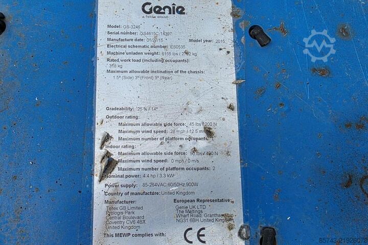 Scissor lift Genie GS3246 Electric, Working Height 11.75 m, 318kg Cap