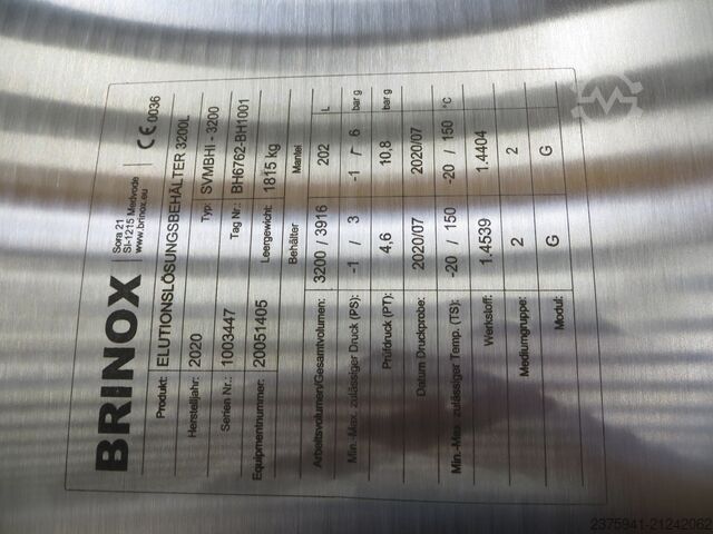 Silo BRINOX 3.200 L 316L Lösungsbehälter BH6762-BH1001
