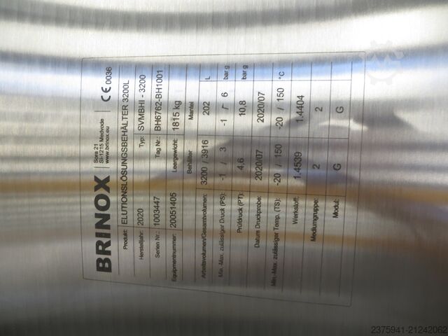 Silo BRINOX 3.200 L 316L Lösungsbehälter BH6762-BH1001