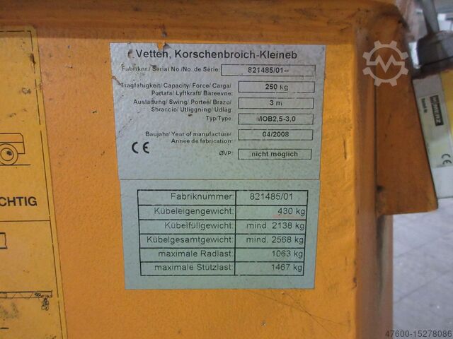 Slewing jib crane Column-mounted slewing jib crane Traveling crane Vetter mobiler Schwenkkr Kran L 3m 250KG Hallenkran Mobilus Mob 0,25t + Kettenzug