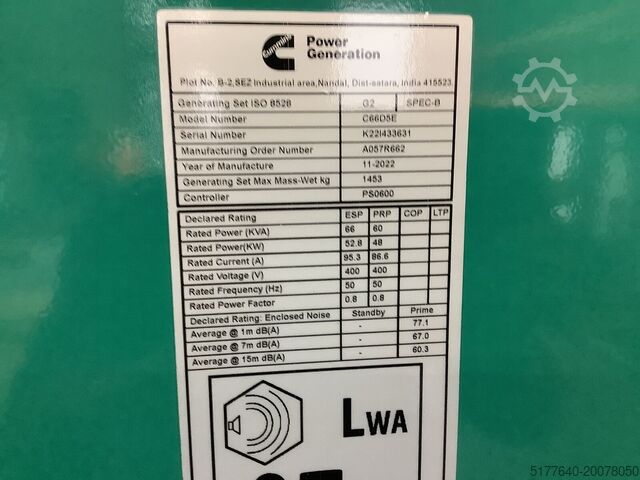 Generator set Cummins C66D5EQ. 66KVA