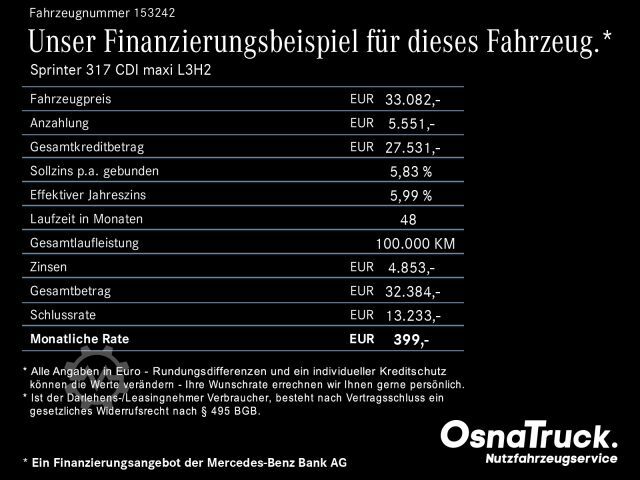 High top van MERCEDES-BENZ Sprinter 317 CDI maxi L3H2 Klima, Kamera, Navi