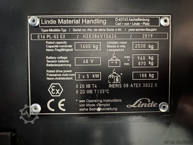 E 16 PL - 386 / 02 Evo * Atex EX * Proplan 2GD / Z1 & 21 & 22 * Triplex FFL * NEW battery !! LINDE E 16 PL - 386 / 02 Evo * Atex EX * Proplan 2GD / Z1 & 21 & 22 * Triplex FFL * NEW battery !!