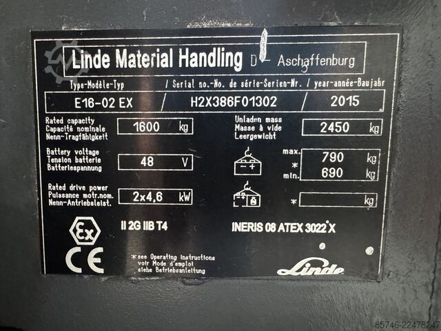 E 16 - 386 / 02 Evo * Atex EX * Proplan 2G / Z1 * NEUE Batterie!! LINDE E 16 - 386 / 02 Evo * Atex EX * Proplan 2G / Z1 * NEW battery !!