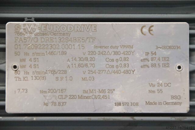 Gear motor 4 kW 189 rpm SEW-Eurodrive FA57/G DRE132S4BE5/TF