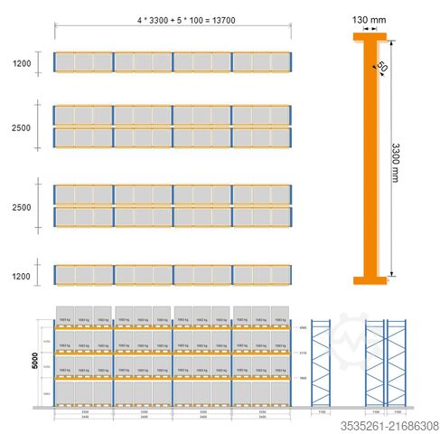 Pallet rack TOTAL-REGAL 6 x 13,7 m lang, 5 m hoch 30 Rahmen, 144 Traversen (3300)