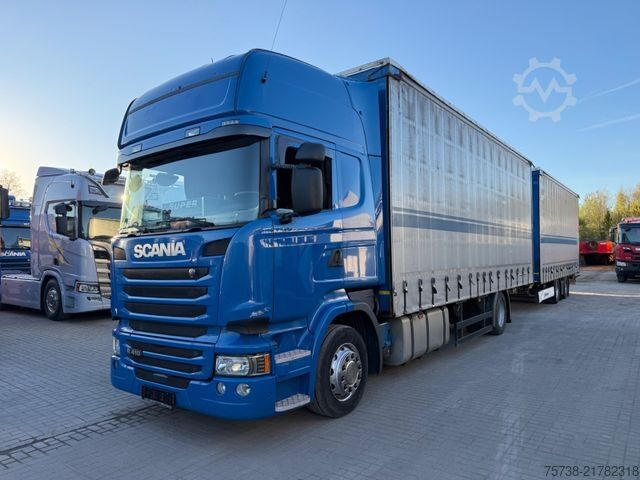 Flatbed truck with tarp SCANIA R410 Pritsche+Plane/Retarder + Anhänger Krone