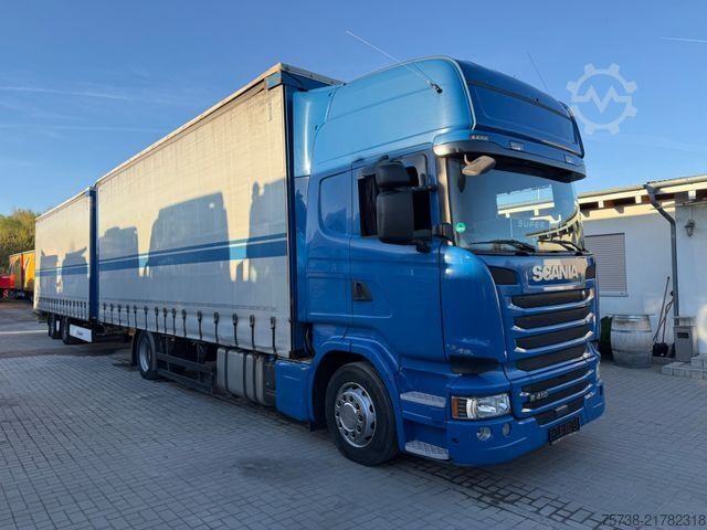 Flatbed truck with tarp SCANIA R410 Pritsche+Plane/Retarder + Anhänger Krone