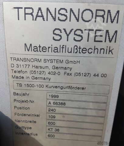 Curved belt conveyor 109° right bend Transnorm 670-600 IR600