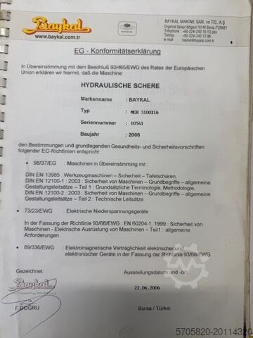 Hydraulische Tafelschere Baykal MGH3100X16