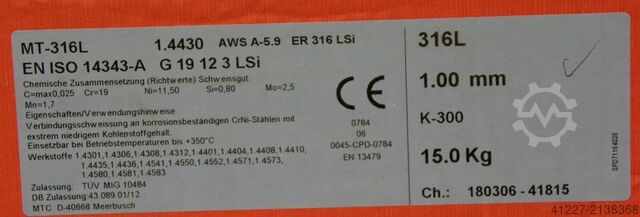 Welding wire 1 mm net weight 15 kg MTC MT-316L 1.4430 (1,0)